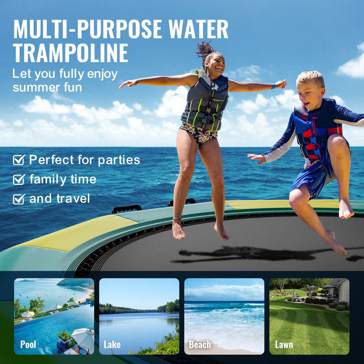 Inflatable Water Bouncer, 12ft Recreational Water Trampoline, Portable Bounce Swim Platform with 3-Step Ladder & Electric Air Pump, Kids Adults Floating Rebounder for Pool, Lake, Water Sports