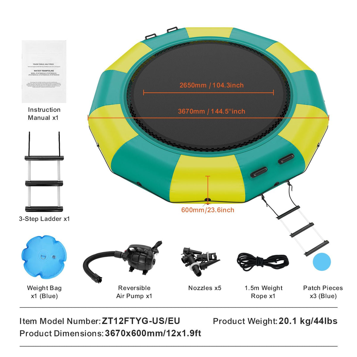 Inflatable Water Bouncer, 12ft Recreational Water Trampoline, Portable Bounce Swim Platform with 3-Step Ladder & Electric Air Pump, Kids Adults Floating Rebounder for Pool, Lake, Water Sports