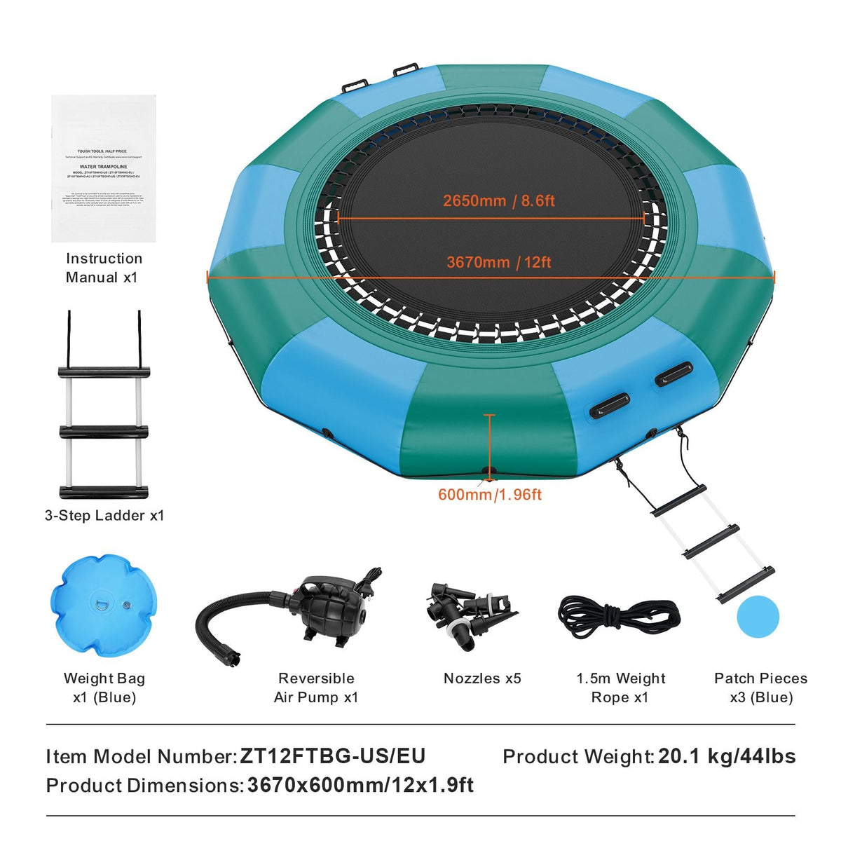Inflatable Water Bouncer, 12ft Recreational Water Trampoline, Portable Bounce Swim Platform with 3-Step Ladder & Electric Air Pump, Kids Adults Floating Rebounder for Pool, Lake, Water Sports