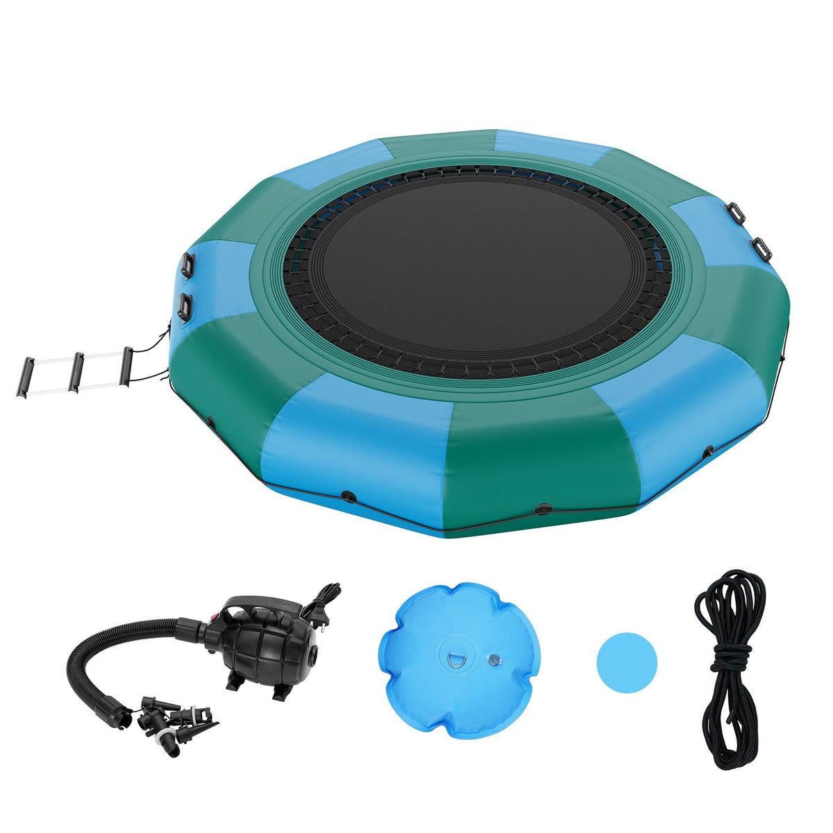 Inflatable Water Bouncer, 12ft Recreational Water Trampoline, Portable Bounce Swim Platform with 3-Step Ladder & Electric Air Pump, Kids Adults Floating Rebounder for Pool, Lake, Water Sports