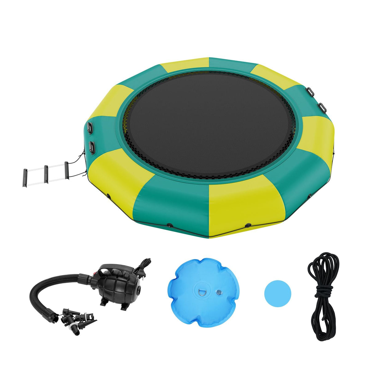 Inflatable Water Bouncer, 12ft Recreational Water Trampoline, Portable Bounce Swim Platform with 3-Step Ladder & Electric Air Pump, Kids Adults Floating Rebounder for Pool, Lake, Water Sports