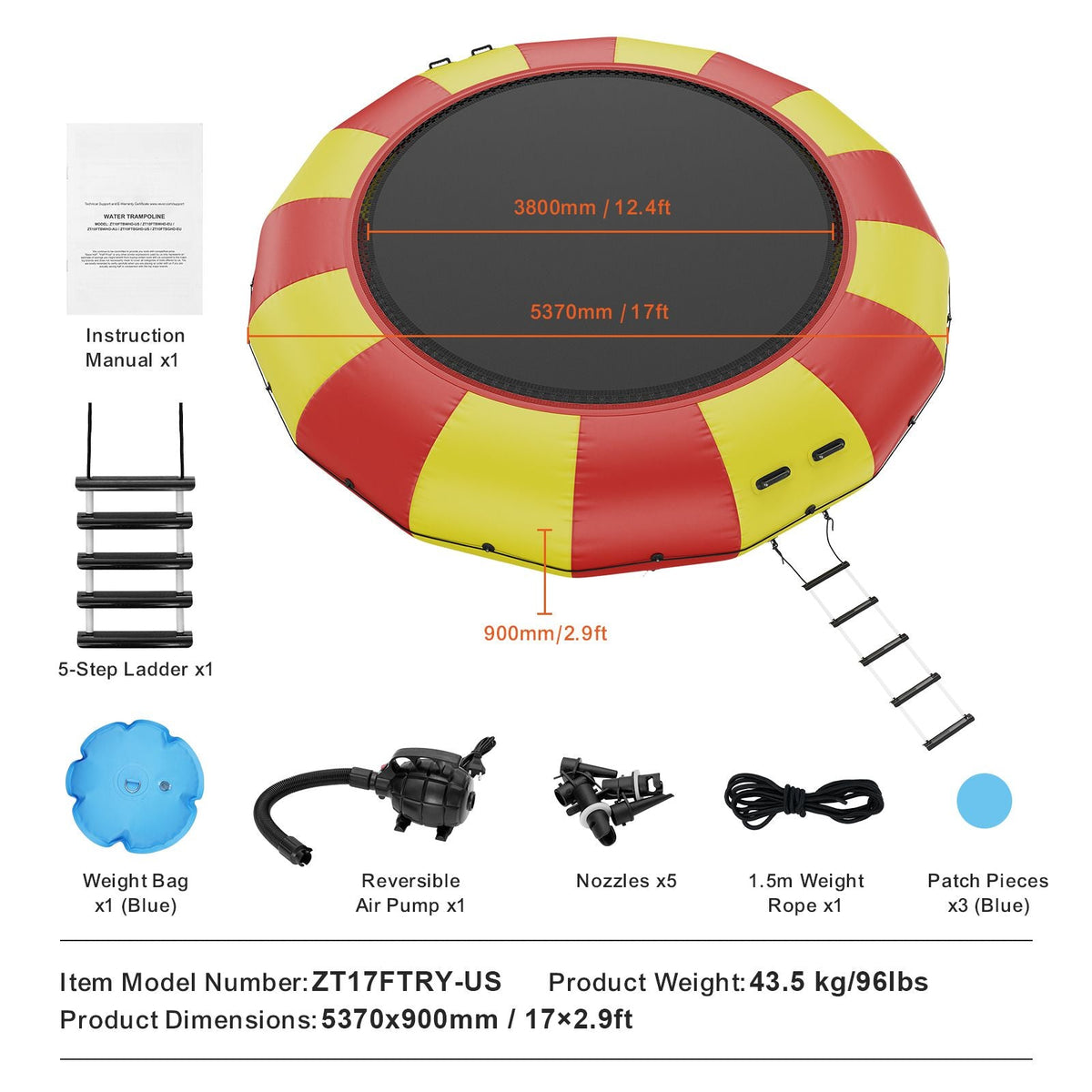 Inflatable Water Bouncer, 17ft Recreational Water Trampoline, Portable Bounce Swim Platform with 5-Step Ladder & Electric Air Pump, Kids Adults Floating Rebounder for Pool, Lake, Water Sports