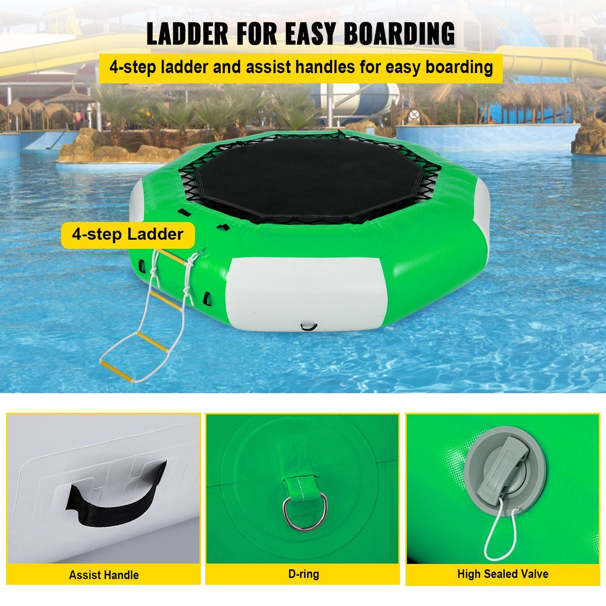 Inflatable Water Trampoline, 10ft Recreational Water Bouncer with Escalator, Round Inflatable Water Trampoline in Green and White, Floating Trampoline for Lakes, Pools, Calm Sea