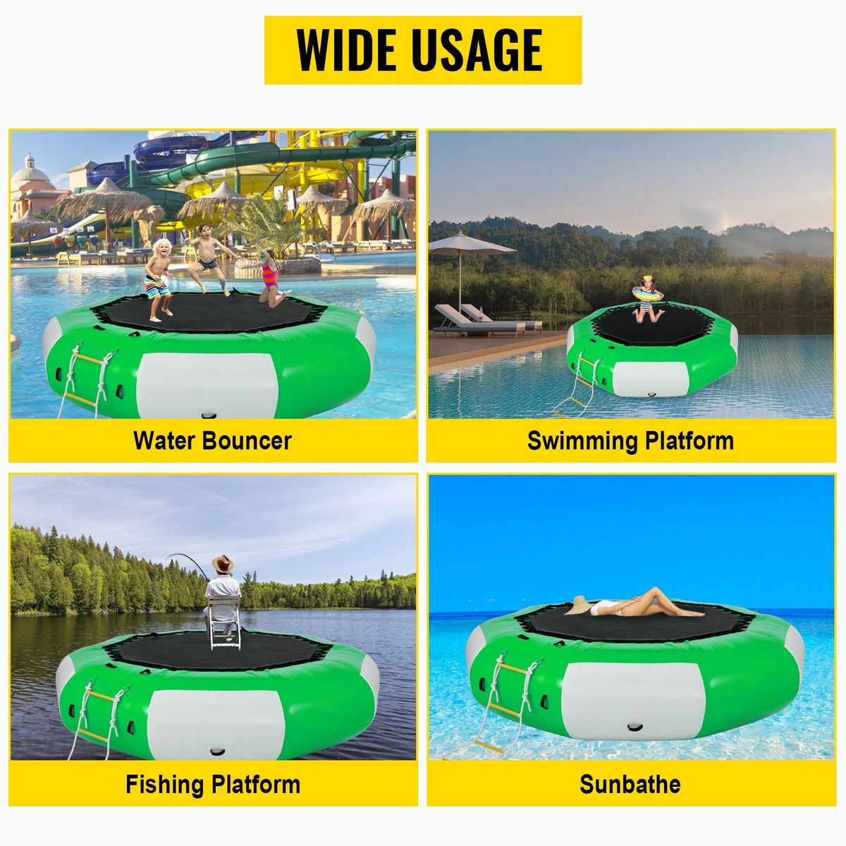 Inflatable Water Trampoline, 10ft Recreational Water Bouncer with Escalator, Round Inflatable Water Trampoline in Green and White, Floating Trampoline for Lakes, Pools, Calm Sea