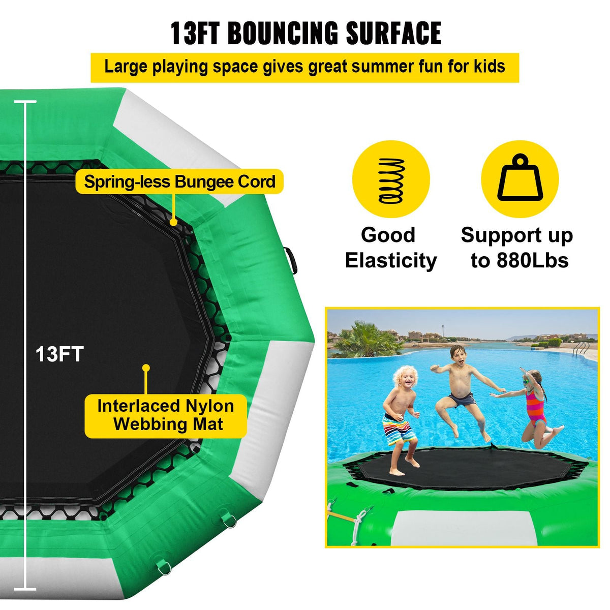 Inflatable Water Trampoline, 13ft Recreational Water Bouncer with Escalator, Round Inflatable Water Trampoline in Green and White, Floating Trampoline for Lakes, Pools, Calm Sea