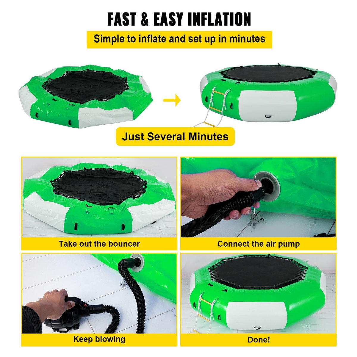 Inflatable Water Trampoline, 13ft Recreational Water Bouncer with Escalator, Round Inflatable Water Trampoline in Green and White, Floating Trampoline for Lakes, Pools, Calm Sea