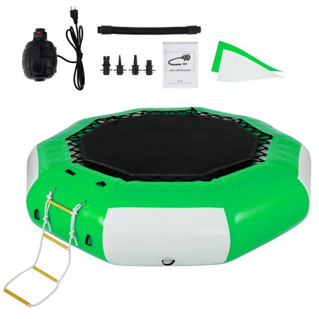 Inflatable Water Trampoline, 13ft Recreational Water Bouncer with Escalator, Round Inflatable Water Trampoline in Green and White, Floating Trampoline for Lakes, Pools, Calm Sea