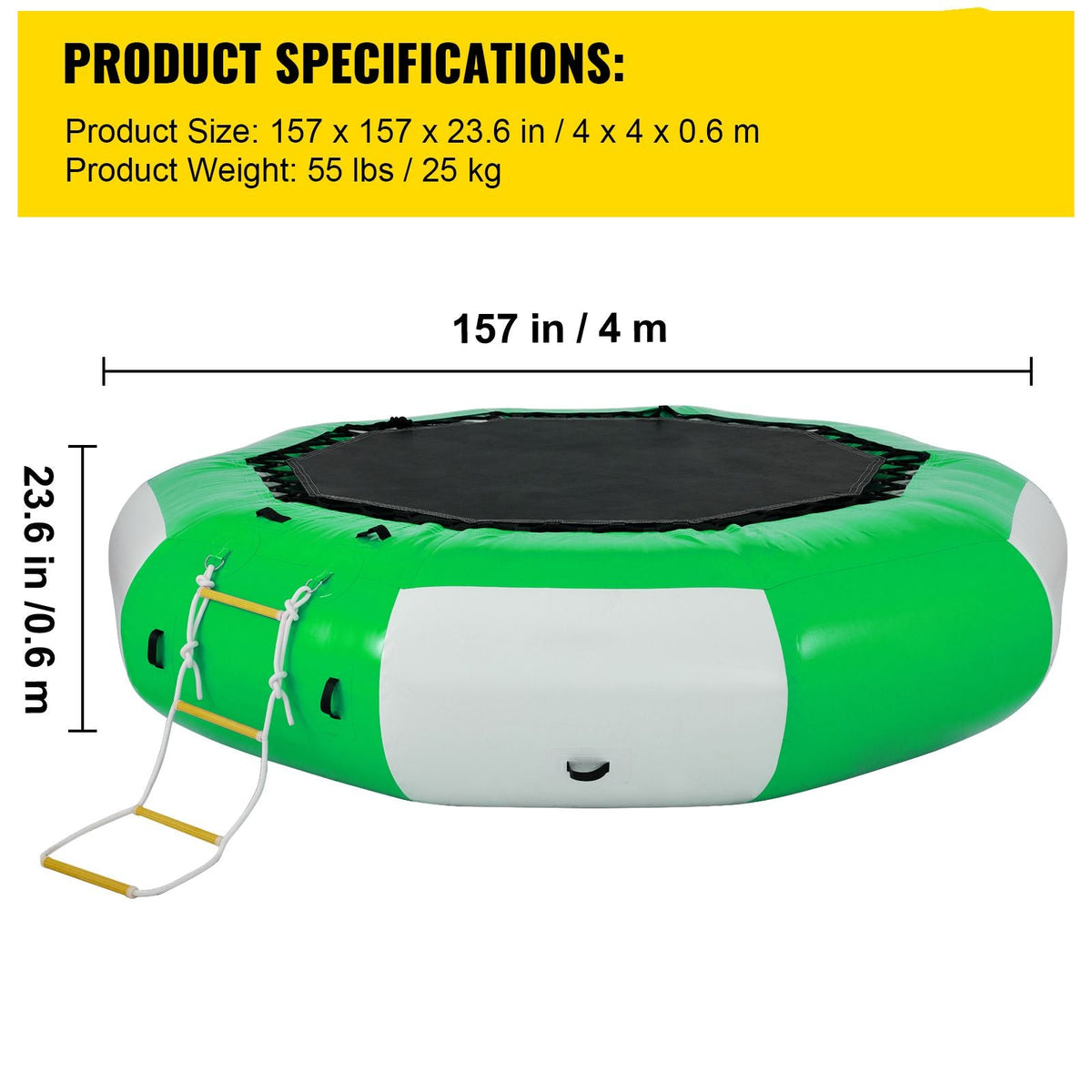 Inflatable Water Trampoline, 13ft Recreational Water Bouncer with Escalator, Round Inflatable Water Trampoline in Green and White, Floating Trampoline for Lakes, Pools, Calm Sea