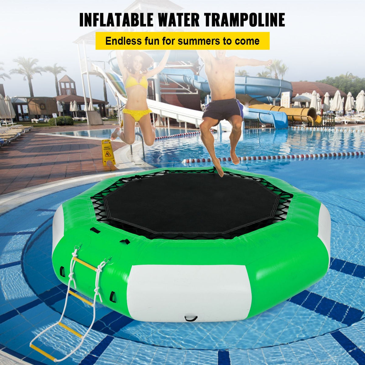 Inflatable Water Trampoline, 13ft Recreational Water Bouncer with Escalator, Round Inflatable Water Trampoline in Green and White, Floating Trampoline for Lakes, Pools, Calm Sea