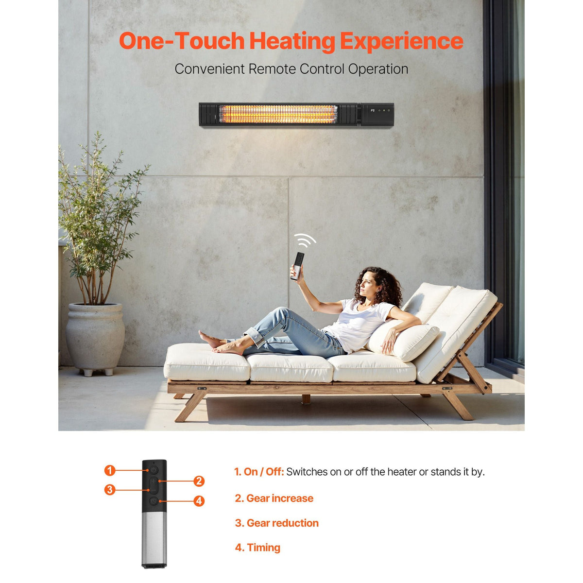 Infrared Heater, 1500W Electric Space Infrared Carbon Heater with Remote Control & 9 Speeds & 24h Timer, for Porch,Patio,Dining Room,Studio,Backyard,Garage, Wall Mount Outdoor