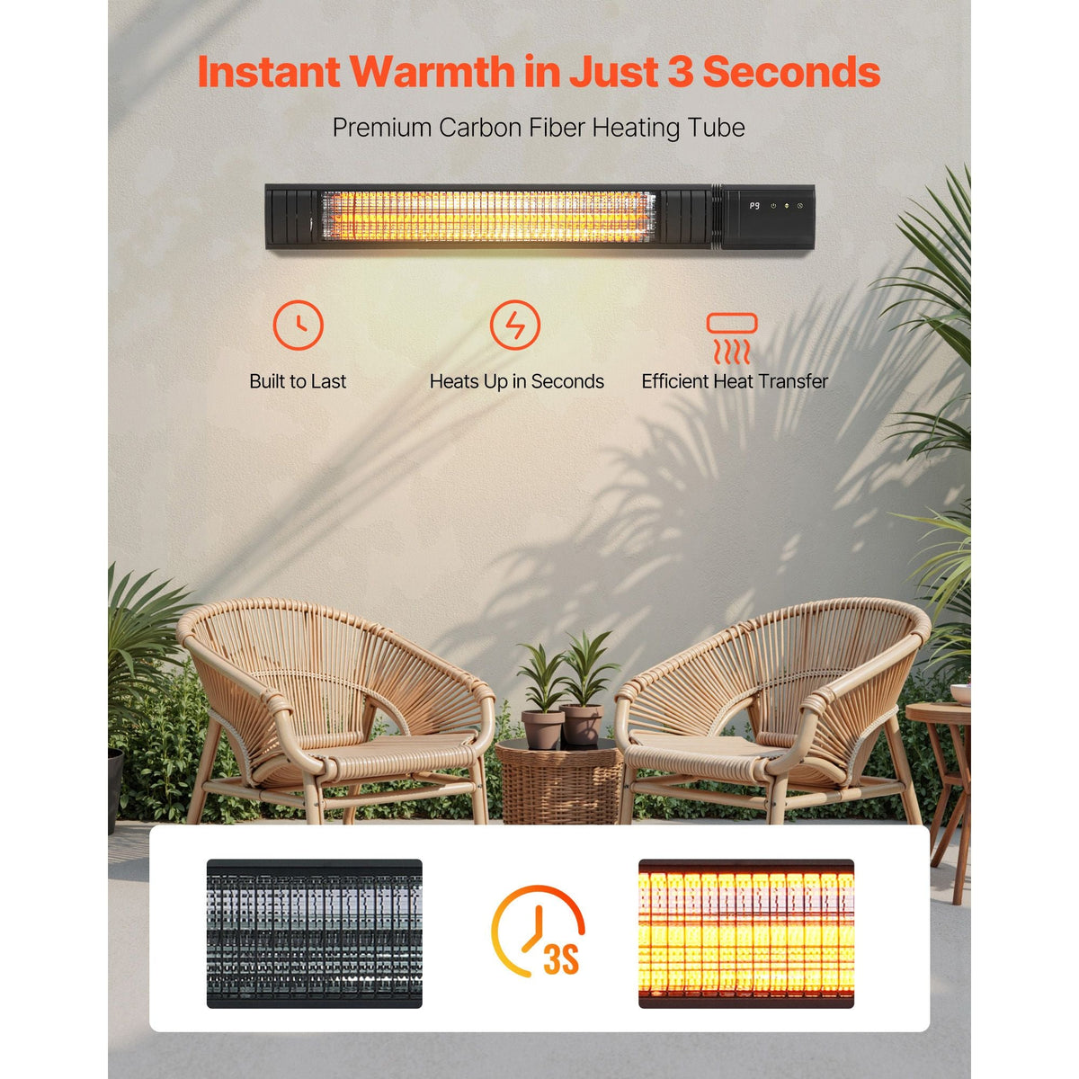 Infrared Heater, 1500W Electric Space Infrared Carbon Heater with Remote Control & 9 Speeds & 24h Timer, for Porch,Patio,Dining Room,Studio,Backyard,Garage, Wall Mount Outdoor
