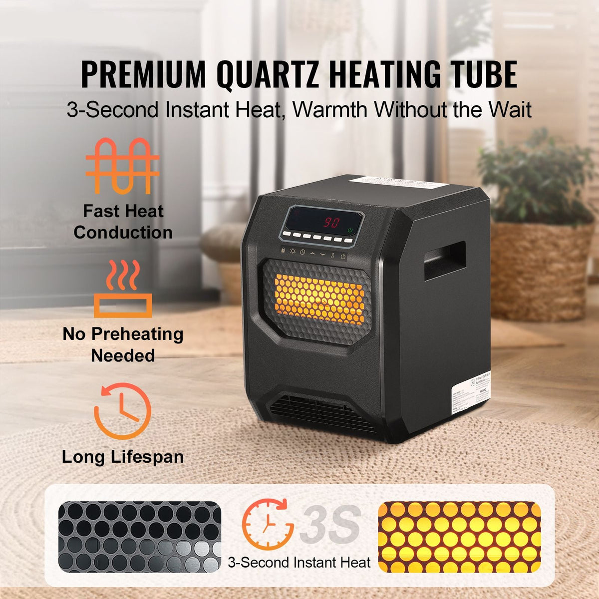 Infrared Heater, 1500W Remote Control Electric Space Heater, LED Patio Heater w/ 3 Speeds & Timer & Overheat/Tip-Over Protection & Child Lock, for Bedroom,Living Room,Nursery,Studio,ABS