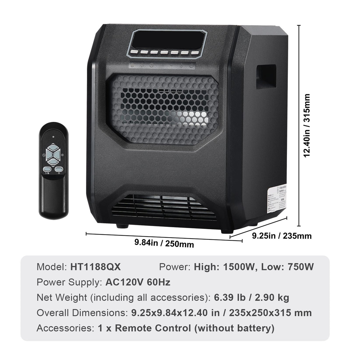 Infrared Heater, 1500W Remote Control Electric Space Heater, LED Patio Heater w/ 3 Speeds & Timer & Overheat/Tip-Over Protection & Child Lock, for Bedroom,Living Room,Nursery,Studio,ABS