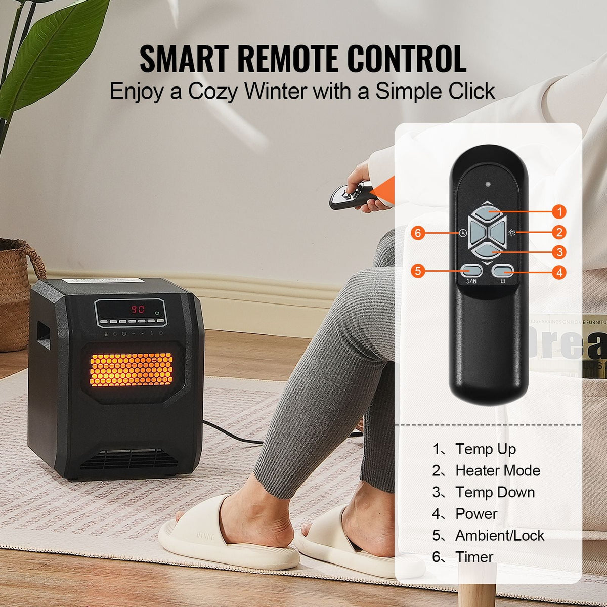 Infrared Heater, 1500W Remote Control Electric Space Heater, LED Patio Heater w/ 3 Speeds & Timer & Overheat/Tip-Over Protection & Child Lock, for Bedroom,Living Room,Nursery,Studio,ABS