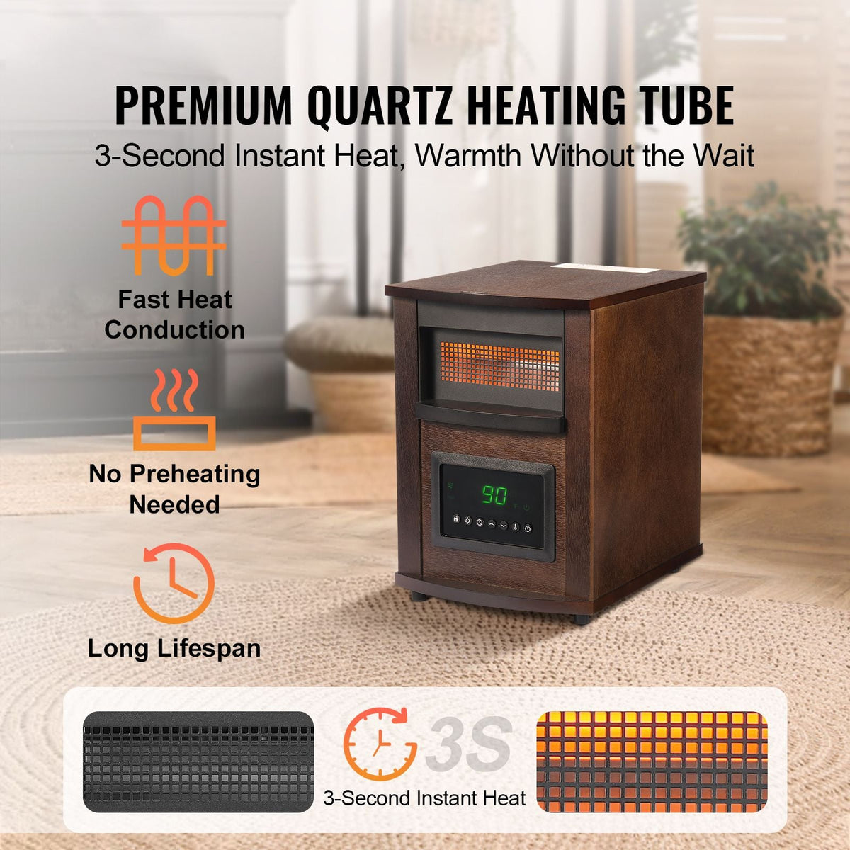 Infrared Heater, 1500W Remote Control Electric Space Heater, LED Patio Heater w/ 3 Speeds & Timer & Overheat/Tip-Over Protection & Child Lock, for Bedroom,Living Room,Nursery,Studio,MDF