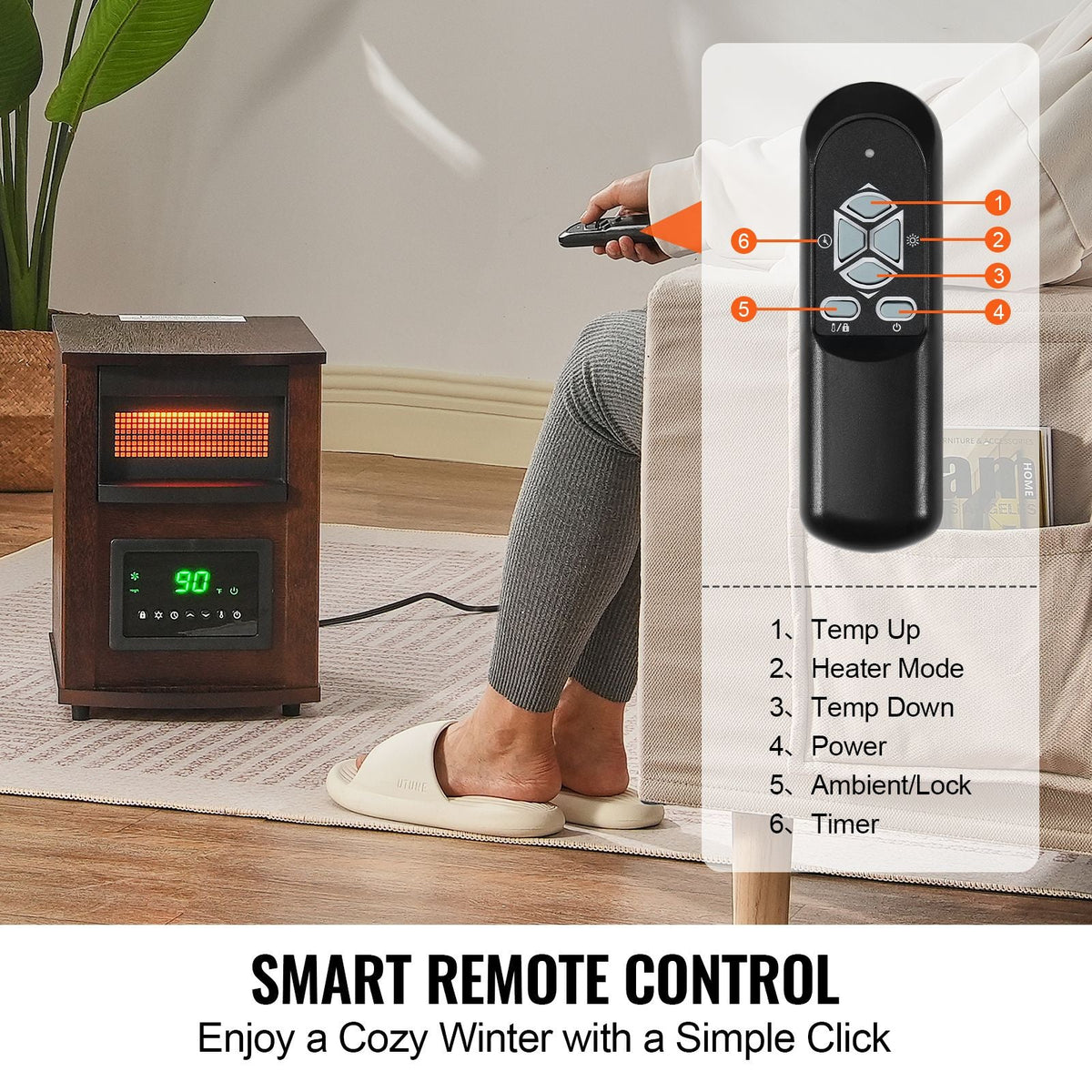 Infrared Heater, 1500W Remote Control Electric Space Heater, LED Patio Heater w/ 3 Speeds & Timer & Overheat/Tip-Over Protection & Child Lock, for Bedroom,Living Room,Nursery,Studio,MDF