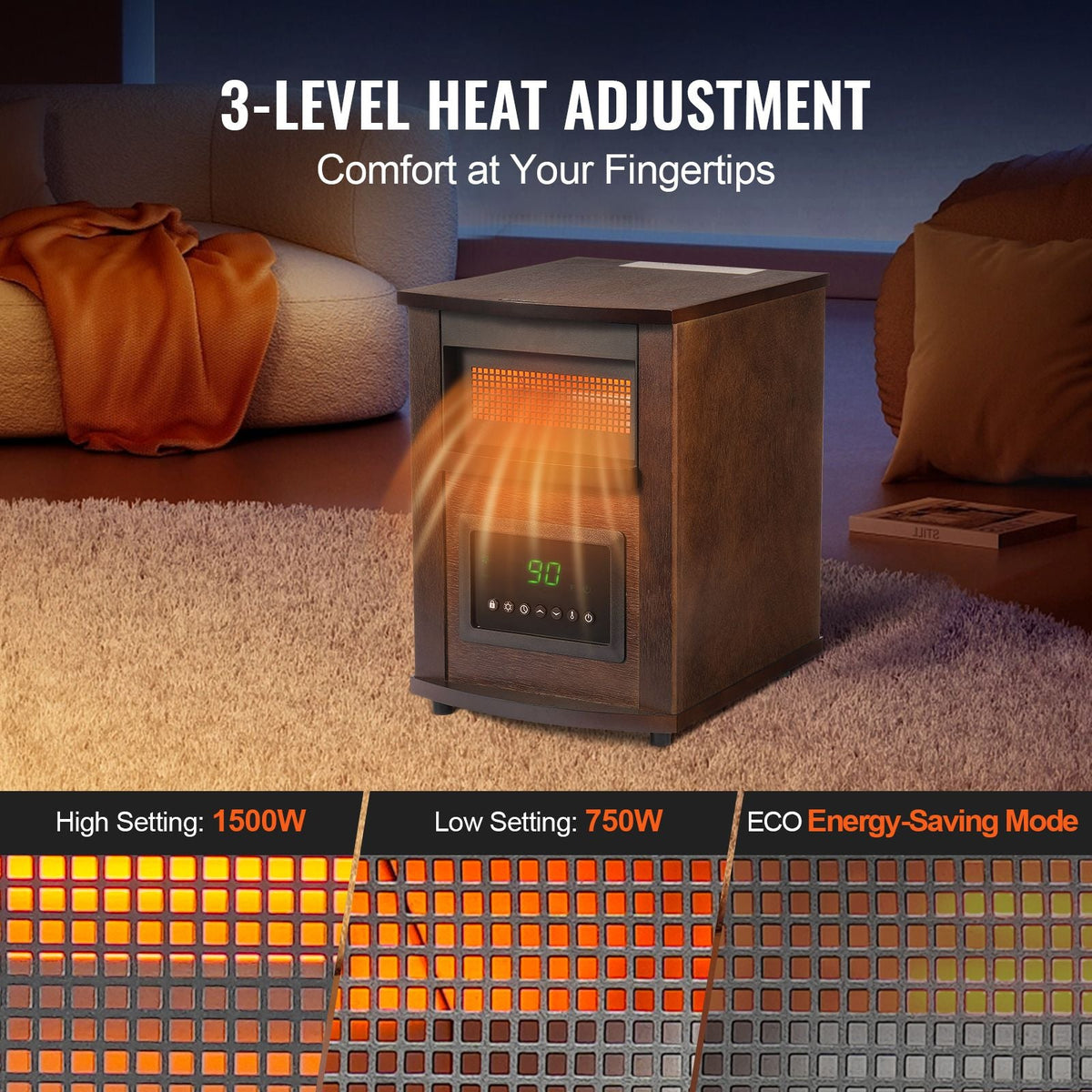 Infrared Heater, 1500W Remote Control Electric Space Heater, LED Patio Heater w/ 3 Speeds & Timer & Overheat/Tip-Over Protection & Child Lock, for Bedroom,Living Room,Nursery,Studio,MDF