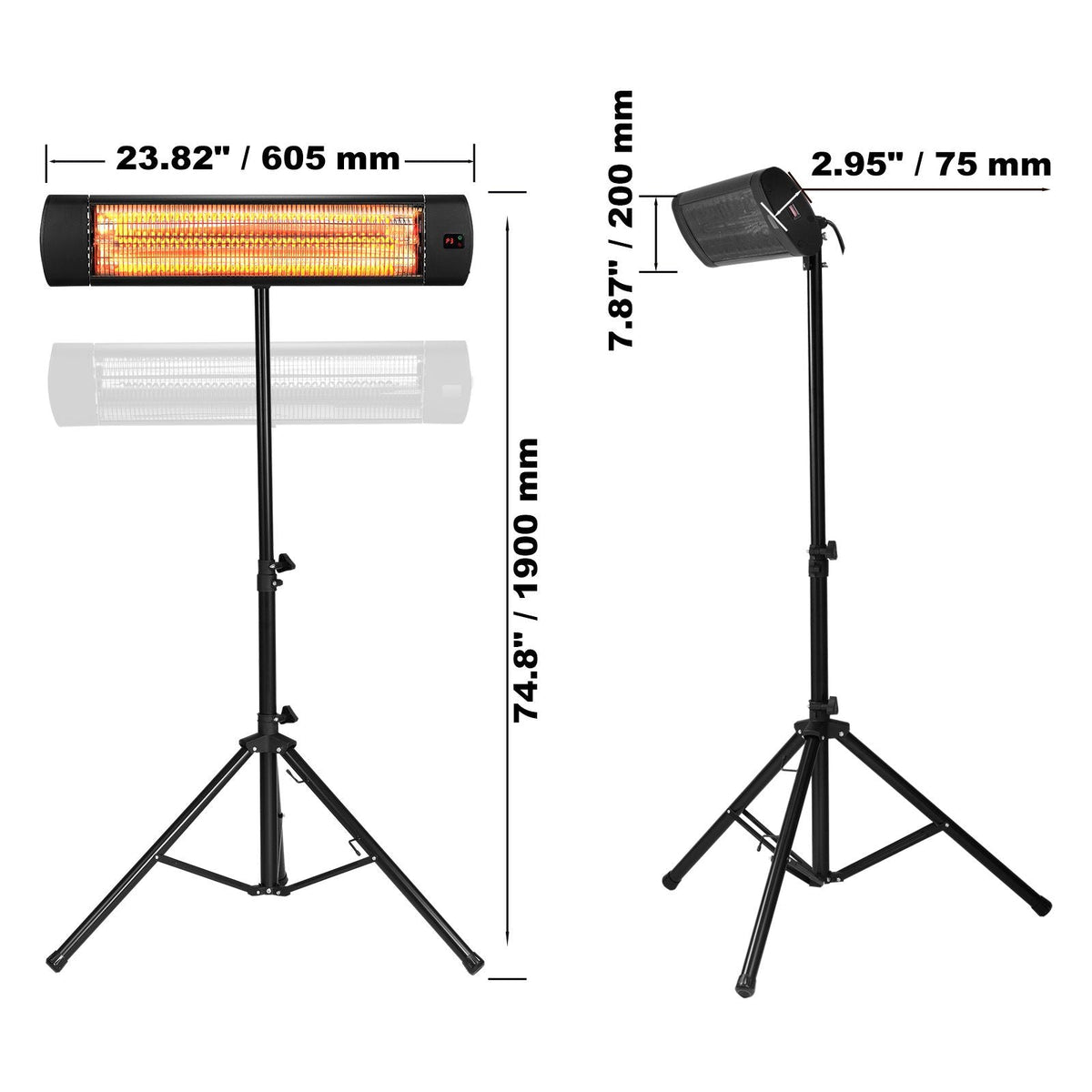 Infrared Heater, 1500W Remote Control Electric Space Heater, LED Screen Patio Heater w/ 3 Speeds & Timer, Outdoor/Outdoor for Porch,Dining Room,Studio, with Stand & Mount to Ceiling/Wall,24 in L