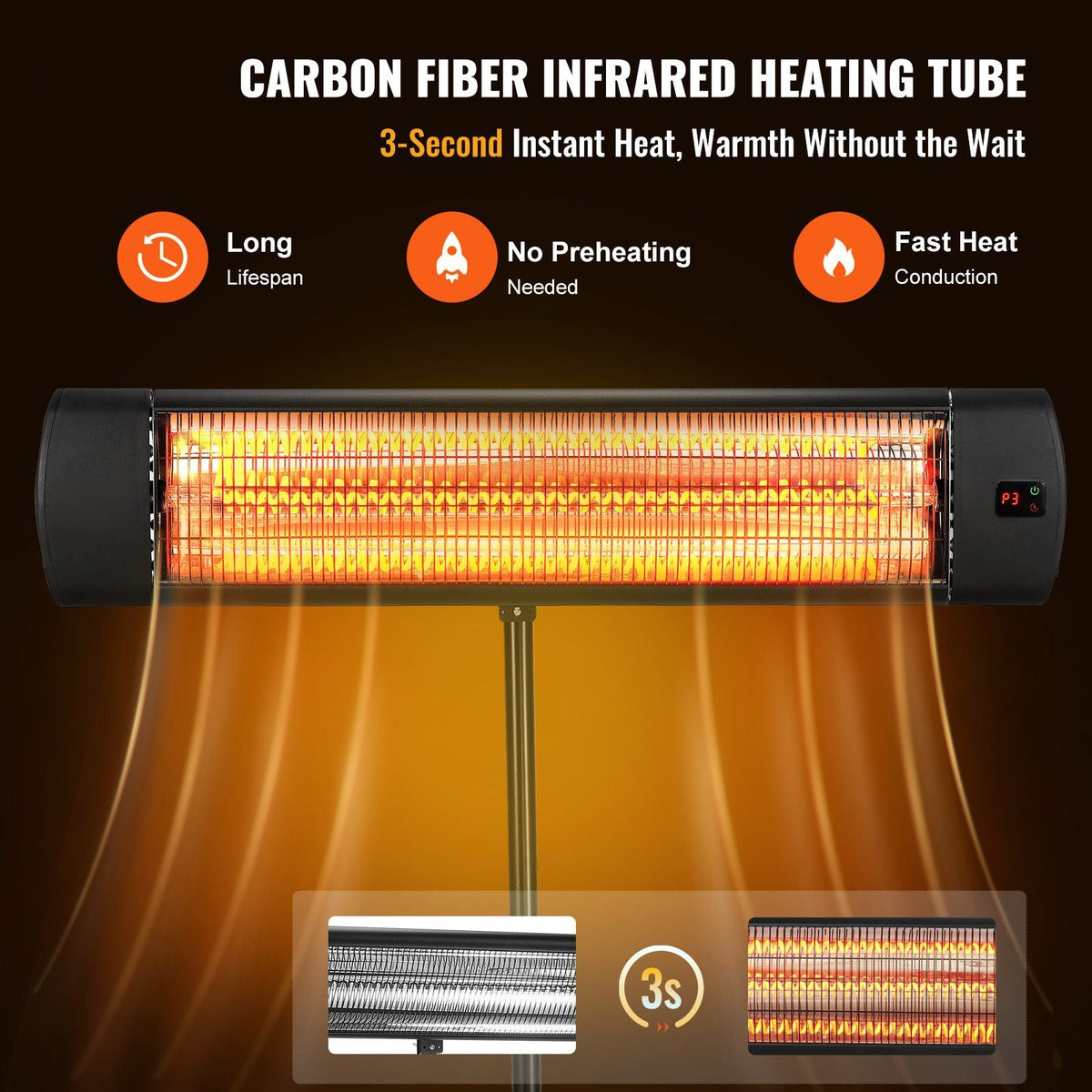 Infrared Heater, 1500W Remote Control Electric Space Heater, LED Screen Patio Heater w/ 3 Speeds & Timer, Outdoor/Outdoor for Porch,Dining Room,Studio, with Stand & Mount to Ceiling/Wall,24 in L