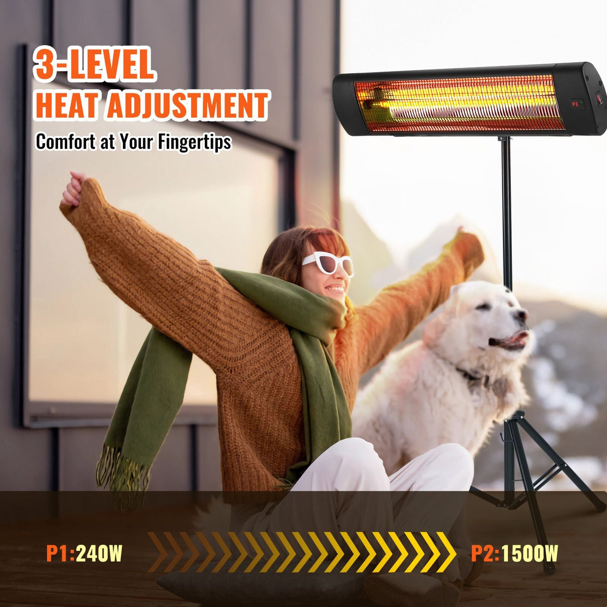 Infrared Heater, 1500W Remote Control Electric Space Heater, LED Screen Patio Heater w/ 3 Speeds & Timer, Outdoor/Outdoor for Porch,Dining Room,Studio, with Stand & Mount to Ceiling/Wall,34in L