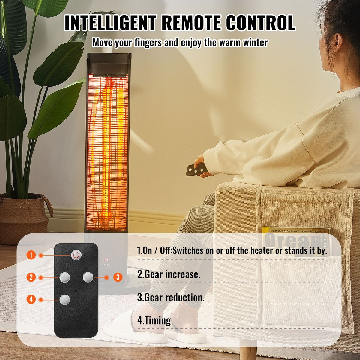 Infrared Heater, 1500W Remote Control Electric Space Heater, Patio Heater w/ 3 Speeds & Timer & Tip-Over Protection, Outdoor/Outdoor for Bedroom,Studio,Porch,Dining Room,Studio, Stand,40in L