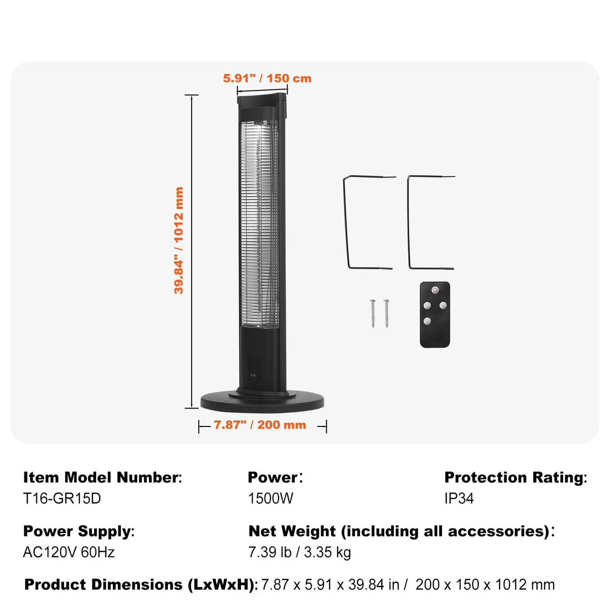 Infrared Heater, 1500W Remote Control Electric Space Heater, Patio Heater w/ 3 Speeds & Timer & Tip-Over Protection, Outdoor/Outdoor for Bedroom,Studio,Porch,Dining Room,Studio, Stand,40in L