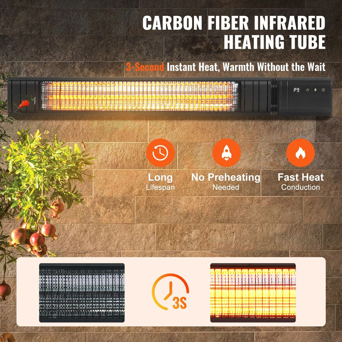 Infrared Heater, 1500W Remote Control Electric Space Infrared Heater, Carbon Infrared Outdoor Heater with 9 Speeds & 24h Timer, for Porch,Patio,Dining Room,Studio,Backyard,Garage, Wall Mount