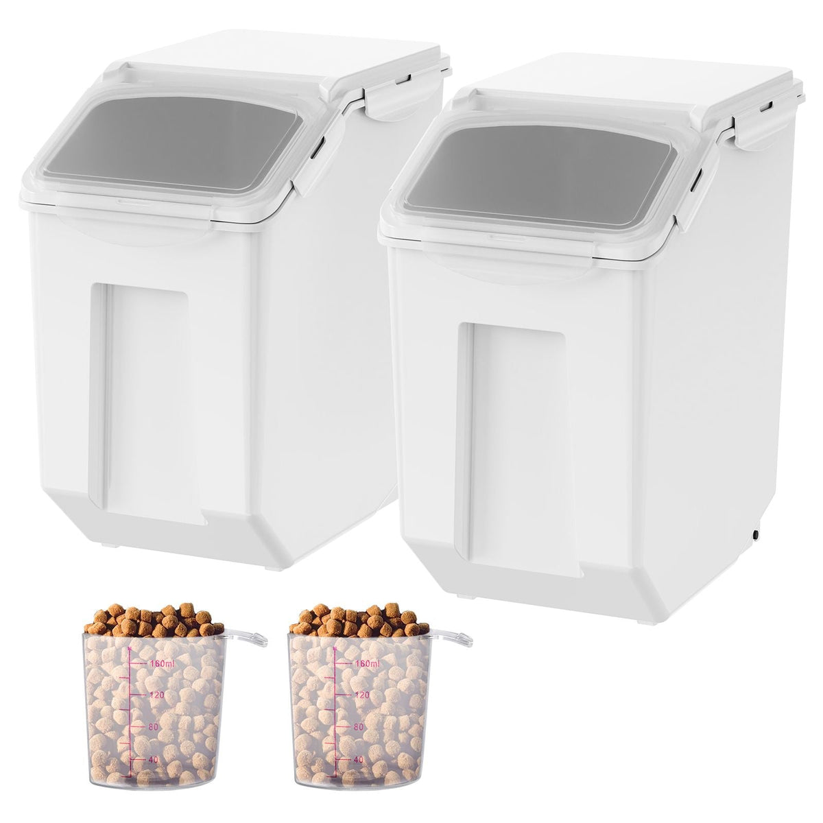 Ingredient Storage Bin, 2 x 15L Dispenser Bin with 2 Measuring Cups, Attachable Casters and Airtight Lid, 2 Pcs/Set Dog Pet Food Storage Container, PP Material Kitchen Rice Cereal Flour Bin