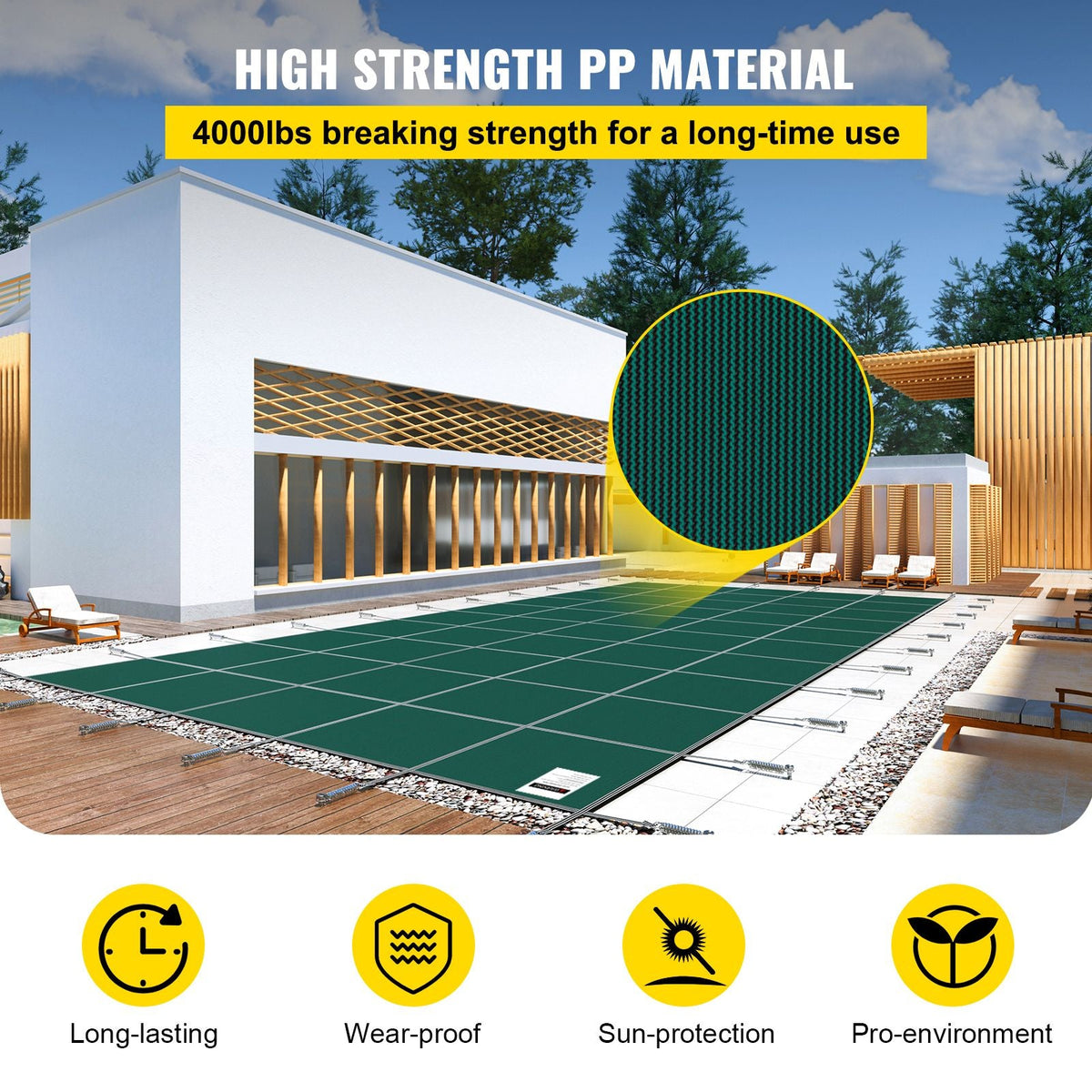 Inground Pool Safety Cover, 14 ft x 26 ft Rectangular Winter Pool Cover, Triple Stitched, High Strength Mesh PP Material with Good Rain Permeability, Installation Hardware Included, Green