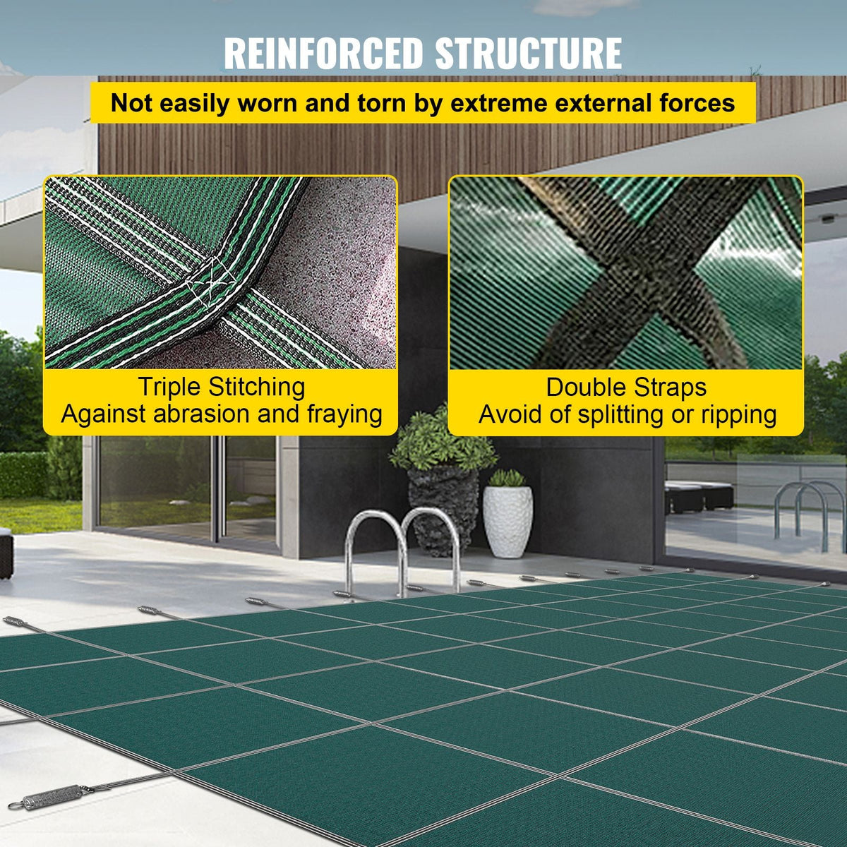 Inground Pool Safety Cover, 14 ft x 26 ft Rectangular Winter Pool Cover, Triple Stitched, High Strength Mesh PP Material with Good Rain Permeability, Installation Hardware Included, Green