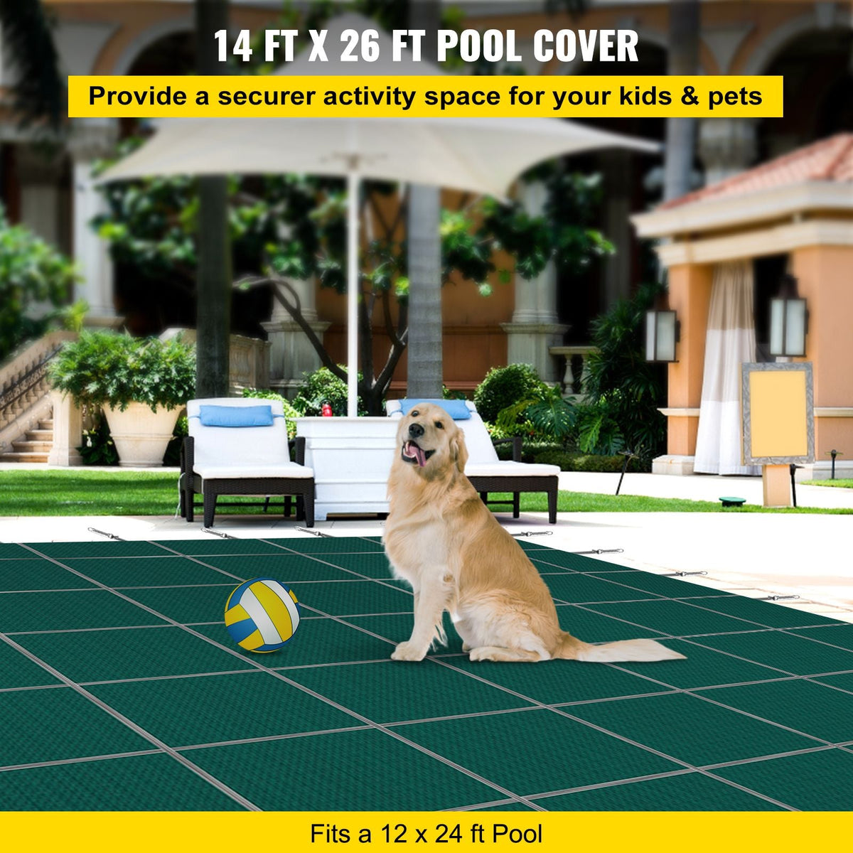 Inground Pool Safety Cover, 14 ft x 26 ft Rectangular Winter Pool Cover, Triple Stitched, High Strength Mesh PP Material with Good Rain Permeability, Installation Hardware Included, Green