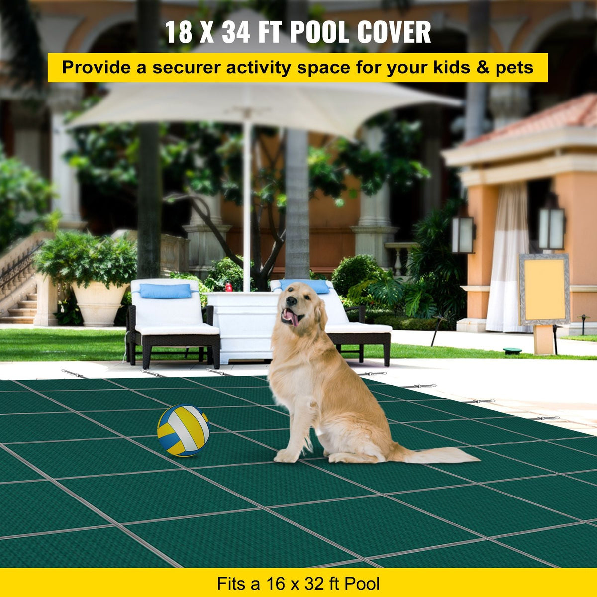 Inground Pool Safety Cover, 18 ft x 34 ft Rectangular Winter Pool Cover with Left Step, Triple Stitched, High Strength Mesh PP Material, Good Rain Permeability, Installation Hardware Included