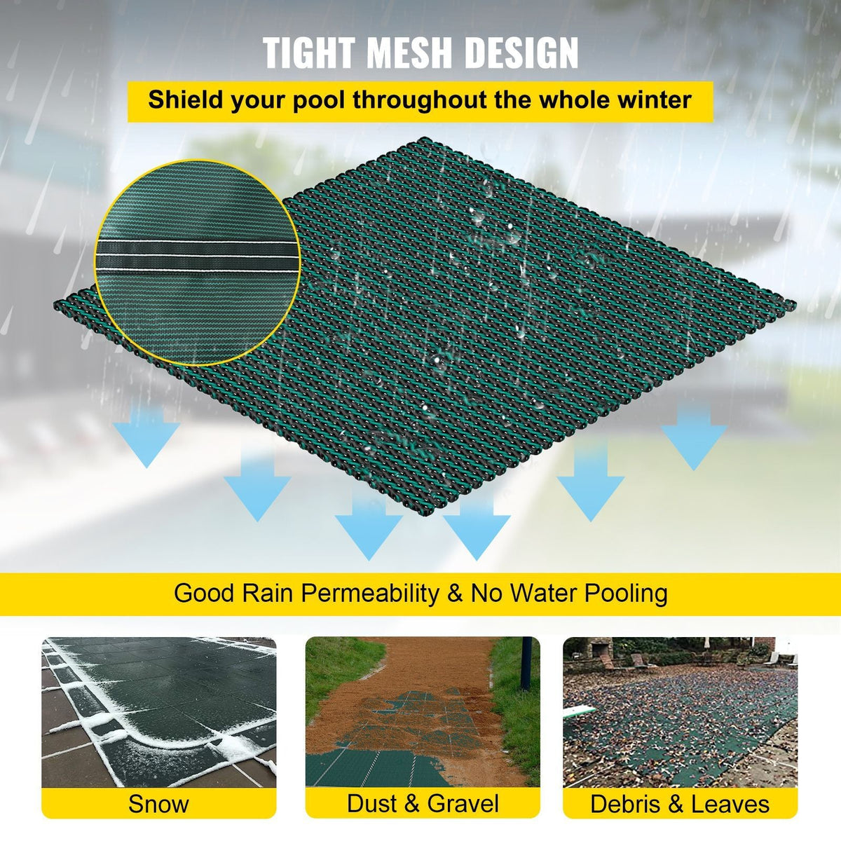 Inground Pool Safety Cover, 18 ft x 34 ft Rectangular Winter Pool Cover with Left Step, Triple Stitched, High Strength Mesh PP Material, Good Rain Permeability, Installation Hardware Included
