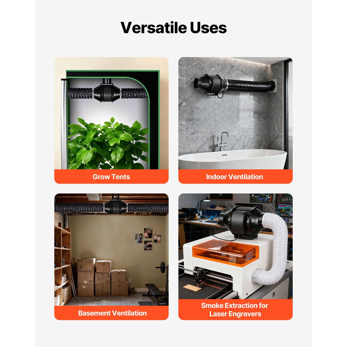 Inline Duct Fan, 4 in Quiet Inline Exhaust Fan, 180 CFM Powerful AC-Motor Ventilation Fans for Cooling Booster, High Air Flow, Vent Blower Fans for Indoor Grow Tents Basement Hydroponics