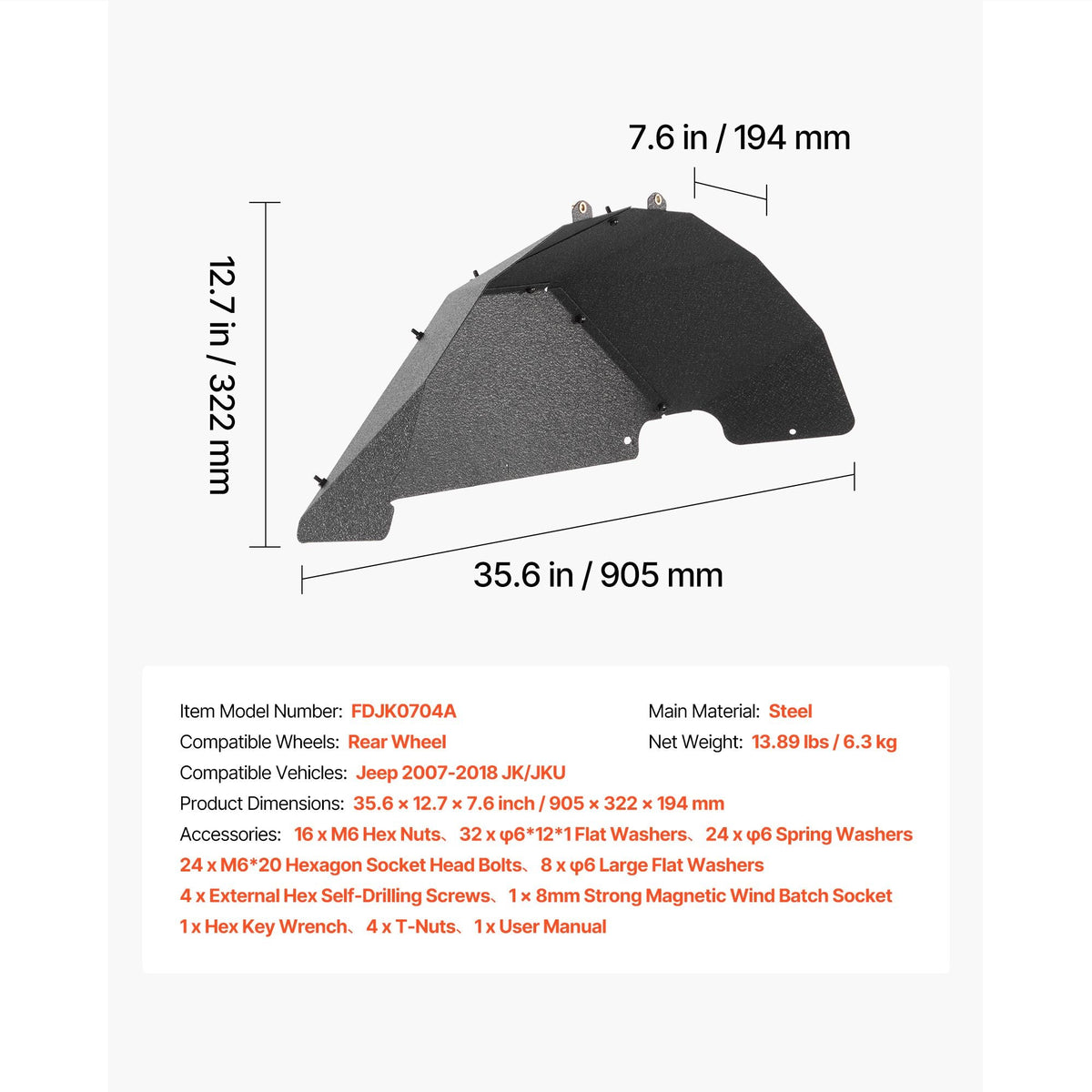 Inner Fender Liner, Rear Fender Liner Compatible with 2007-2018 Jeeps JK/JKU 2/4 Doors, Steel Mud Guards Bolt-on Style Fenders Flare, Wheel Well Cover Fenders Flare Liners, Scratch-Resistant