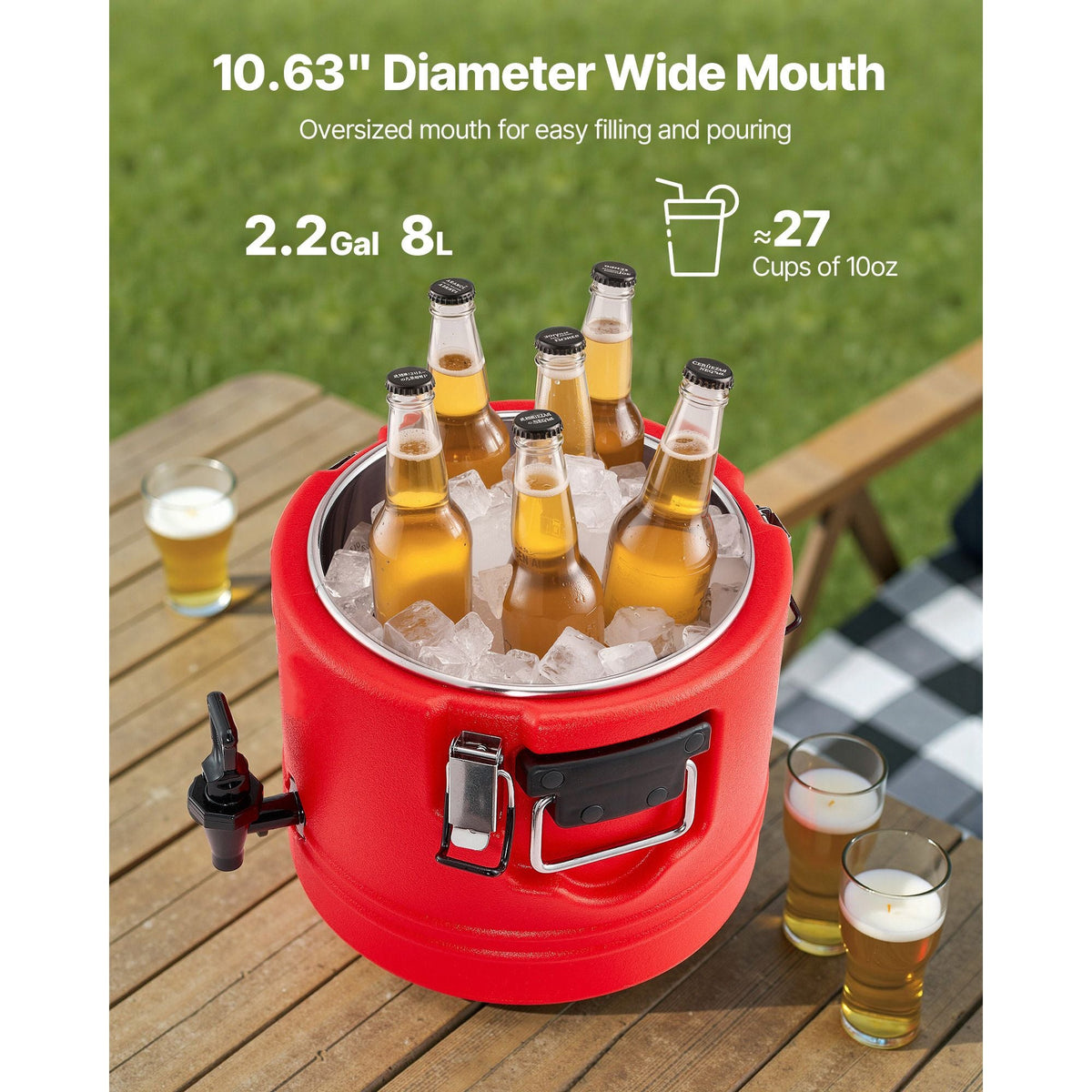 Insulated Beverage Dispenser, 2.2 Gal/8L Thermal Hot and Cold Drink Server Dispenser with Spigot, Food-Grade Cooler Jug with 304 Stainless Steel Interior, for Tea Coffee Restaurant Outdoor