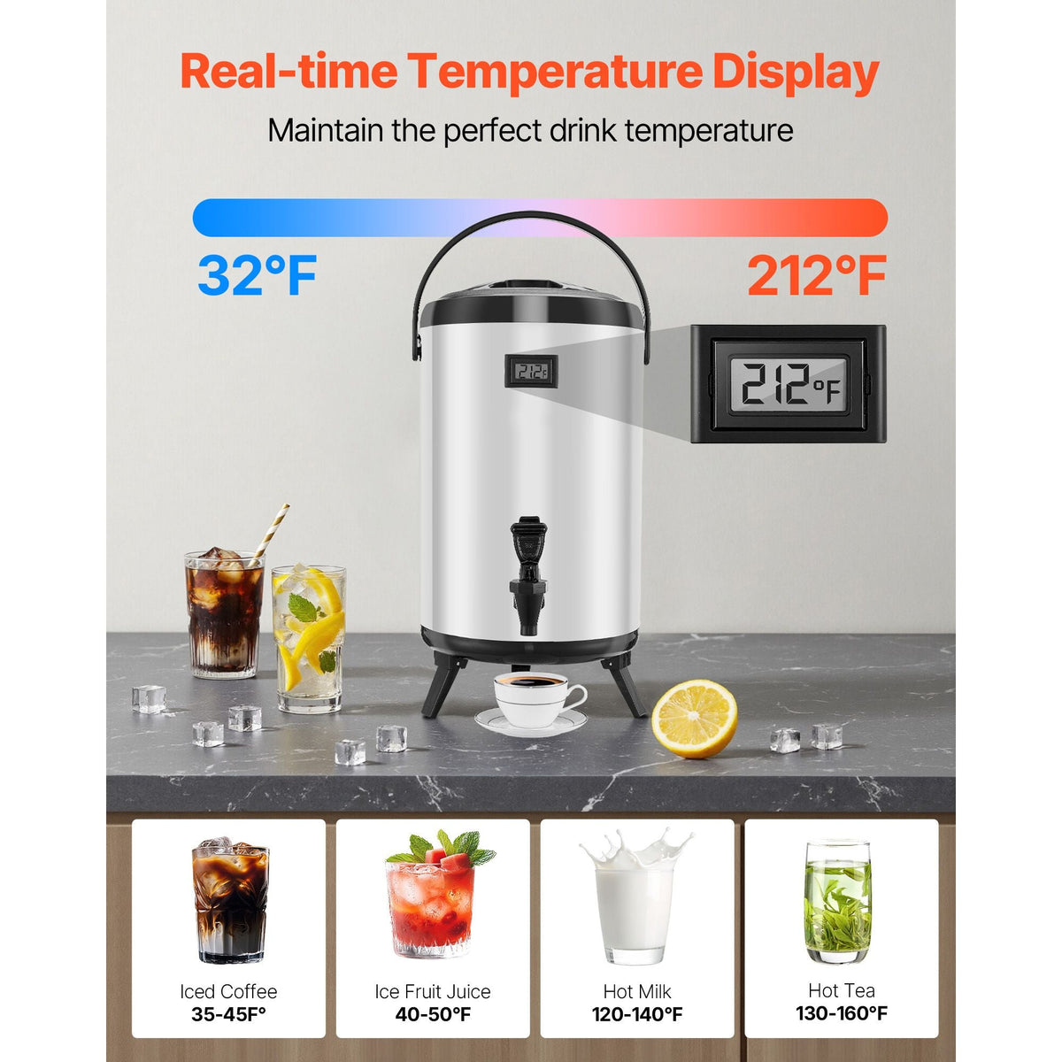 Insulated Beverage Dispenser, 3.2 Gal/12L Stainless Steel Thermal Drink Server with Spigot & Temp Display, Suitable for Hot and Cold Drinks, for Tea Coffee Water in Cafes & Restaurants, 2 Pack