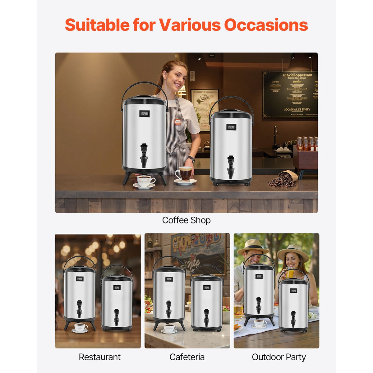 Insulated Beverage Dispenser, 3.2 Gal/12L Stainless Steel Thermal Drink Server with Spigot & Temp Display, Suitable for Hot and Cold Drinks, for Tea Coffee Water in Cafes & Restaurants, 2 Pack