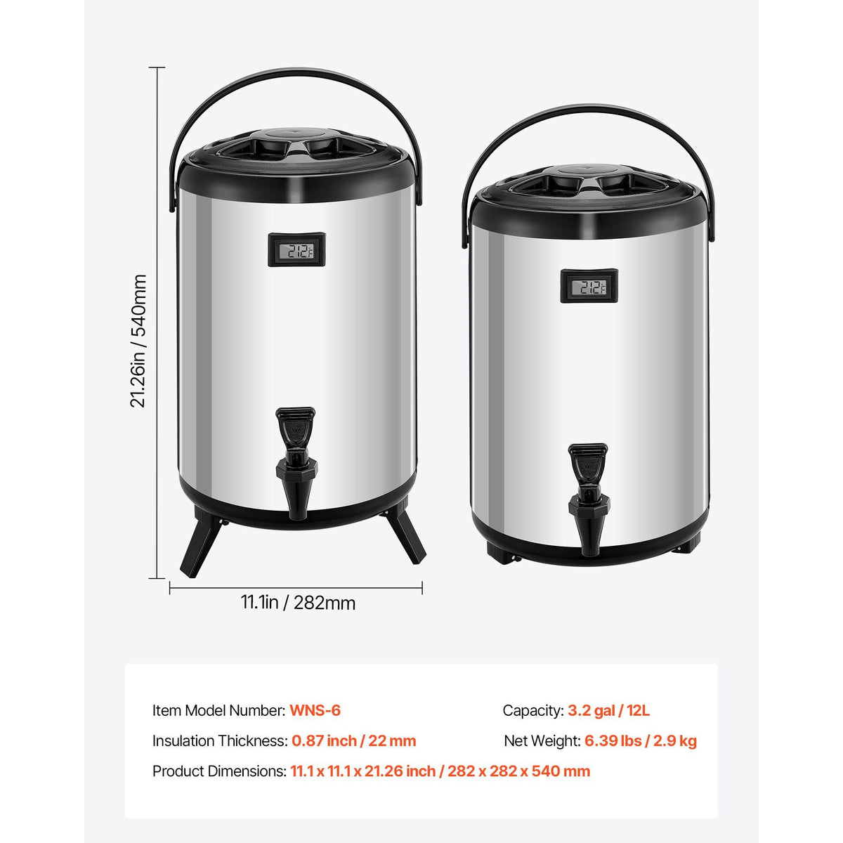 Insulated Beverage Dispenser, 3.2 Gal/12L Stainless Steel Thermal Drink Server with Spigot & Temp Display, Suitable for Hot and Cold Drinks, for Tea Coffee Water in Cafes & Restaurants, 2 Pack