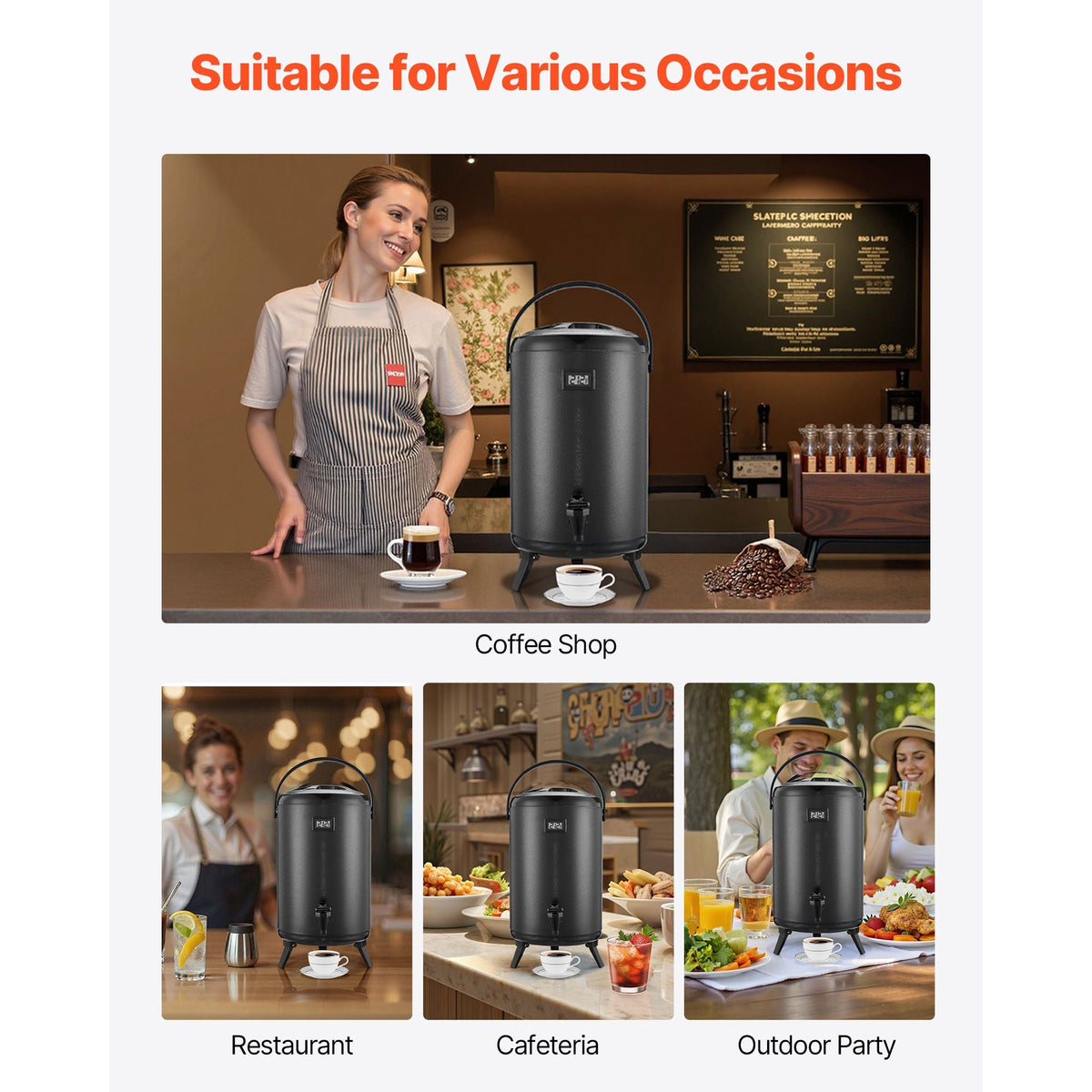 Insulated Beverage Dispenser, 3.2 Gal/12L Stainless Steel Thermal Drink Server with Spigot & Temp Display, Suitable for Hot and Cold Drinks, for Tea Coffee Water in Cafes & Restaurants, Black