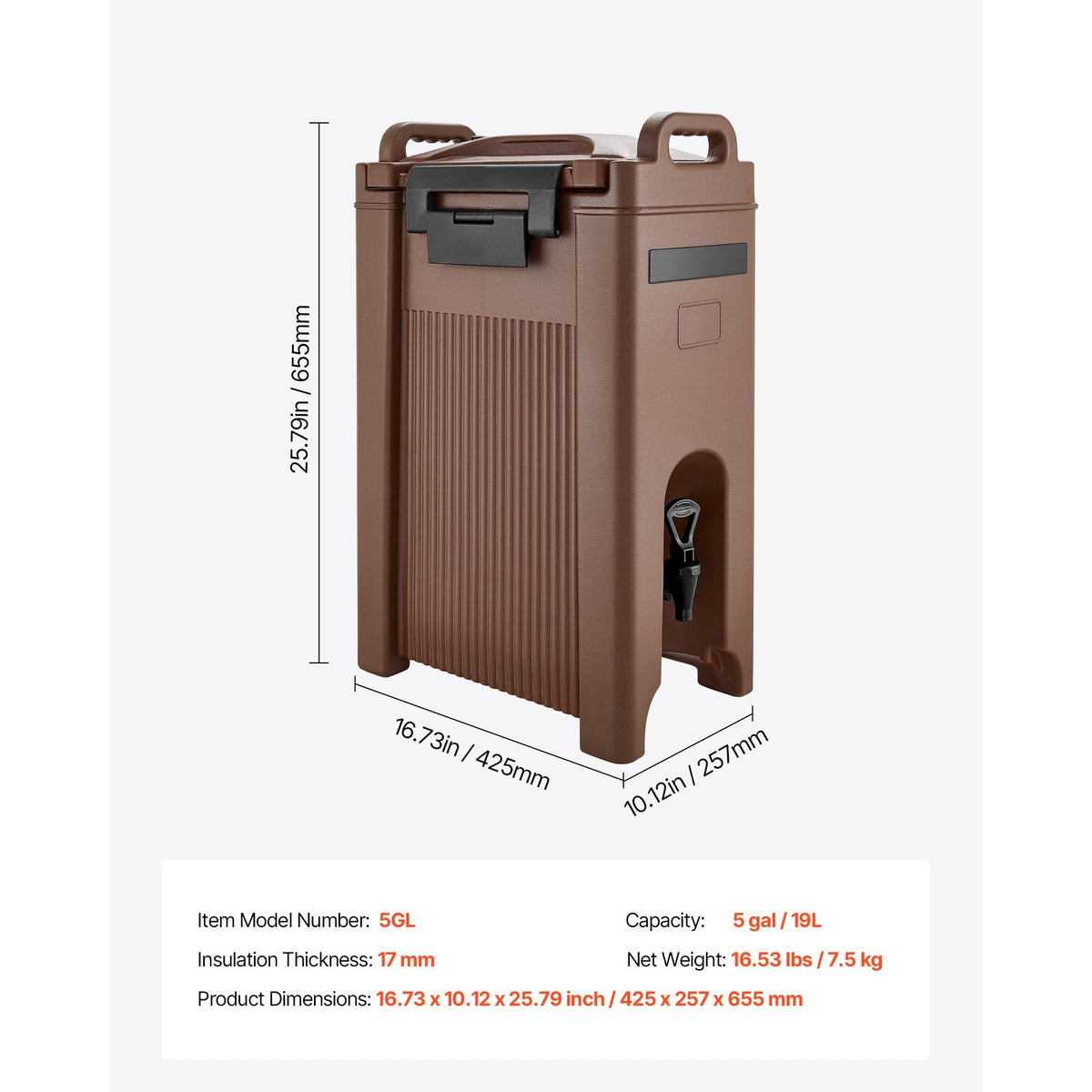Insulated Beverage Dispenser, 5 Gal/19L Hot and Cold Beverage Server with Spigot & Handle, Food-Grade Thermal Drink Dispenser Cooler for Tea Coffee Water in Cafes & Restaurants, Brown