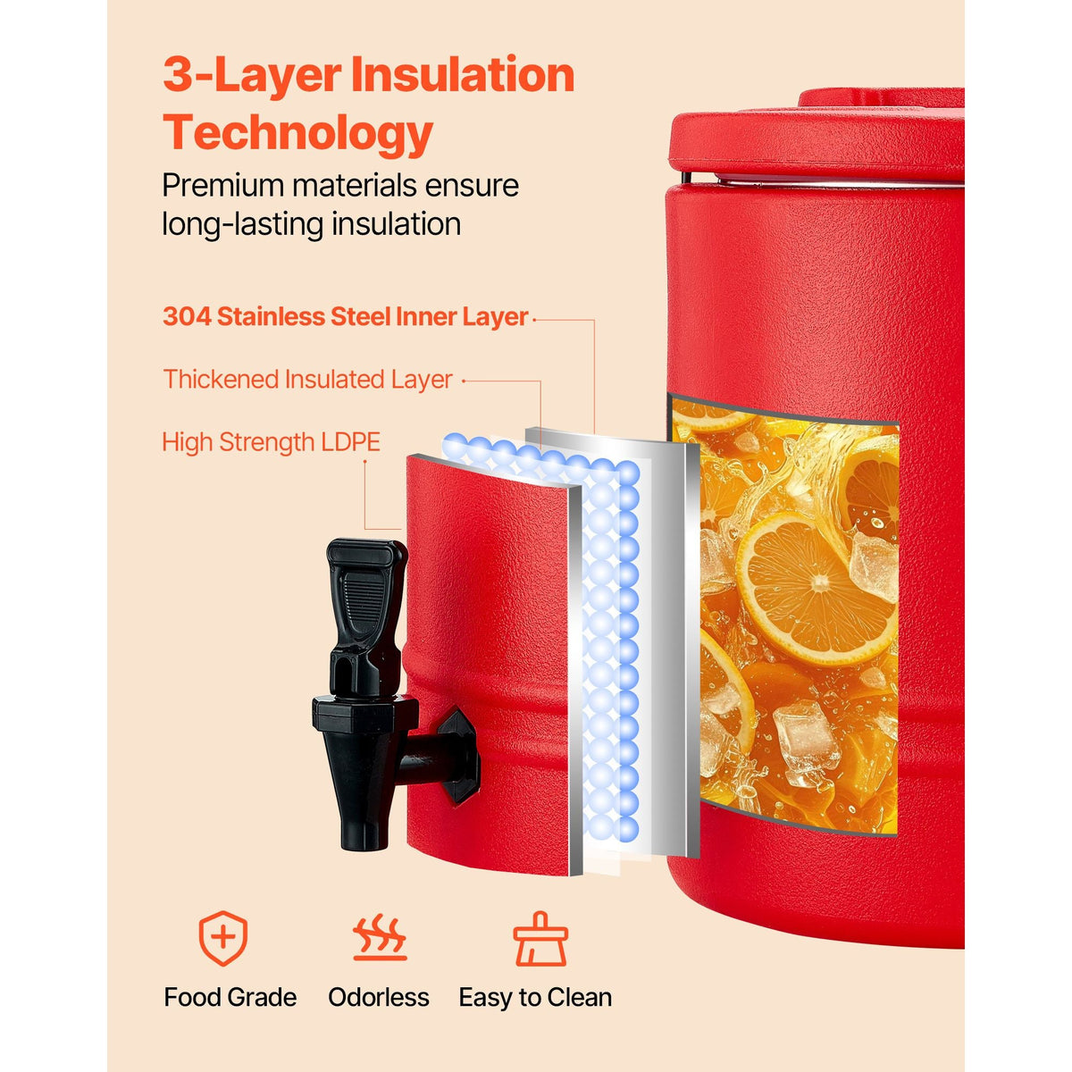 Insulated Beverage Dispenser, 8 Gal/30.3L Thermal Hot and Cold Drink Server Dispenser with Spigot, Food-Grade Cooler Jug with 304 Stainless Steel Interior, for Tea Coffee Restaurant Outdoor