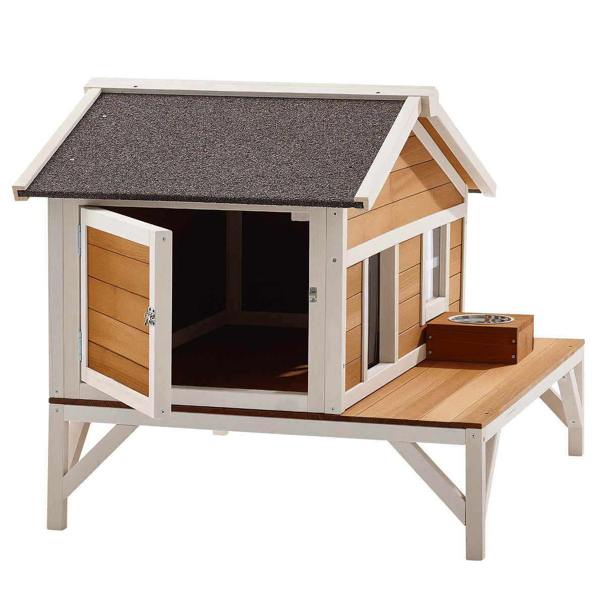 Insulated Cat House, All-Around Foam Insulation Elevated Cat Shelter, Wooden Feral Kitty Shelter with Large Platform, Waterproof Cats Condos for Indoor & Outdoor Cats in Winter 43.5x33.5x31 in