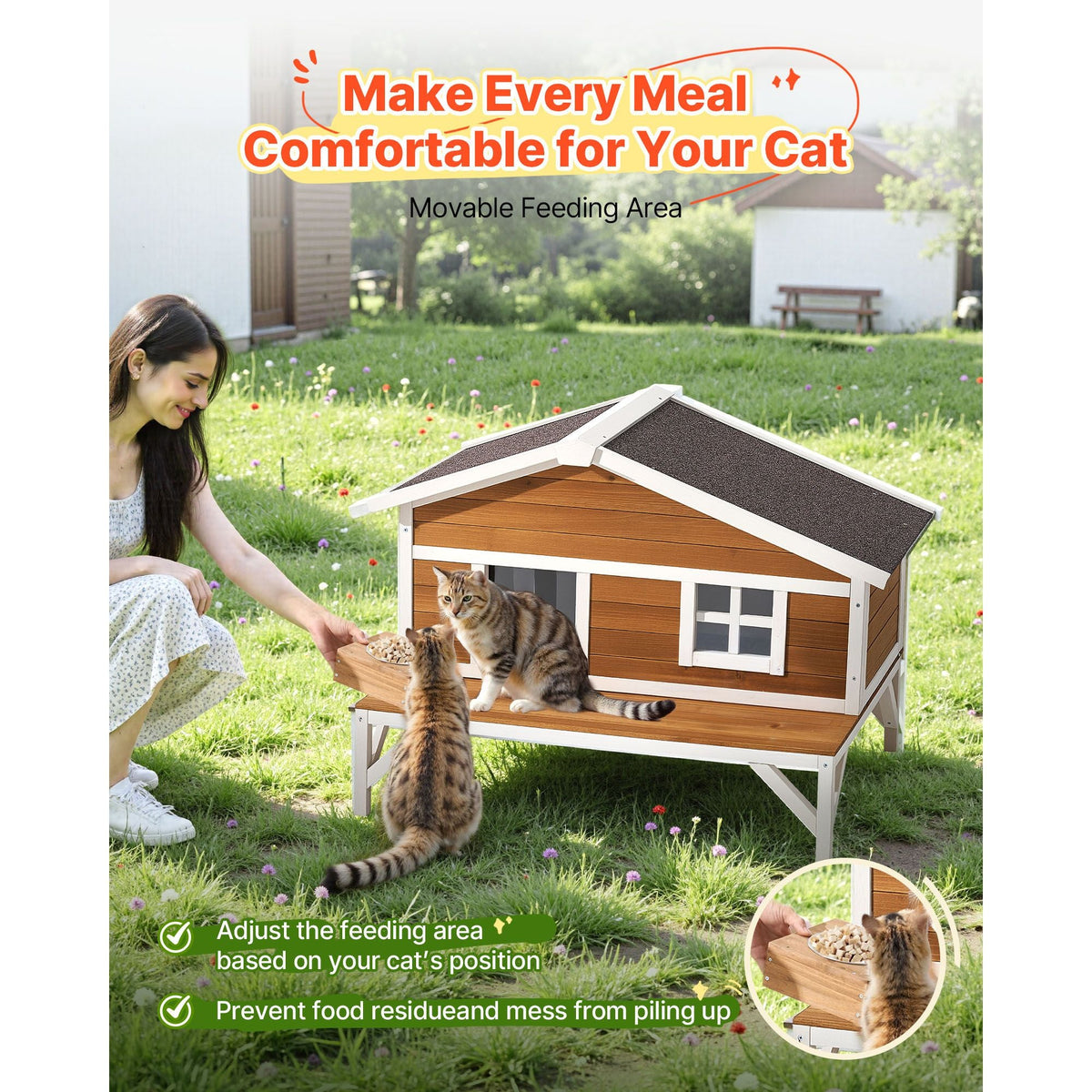Insulated Cat House, All-Around Foam Insulation Elevated Cat Shelter, Wooden Feral Kitty Shelter with Large Platform, Waterproof Cats Condos for Indoor & Outdoor Cats in Winter 43.5x33.5x31 in