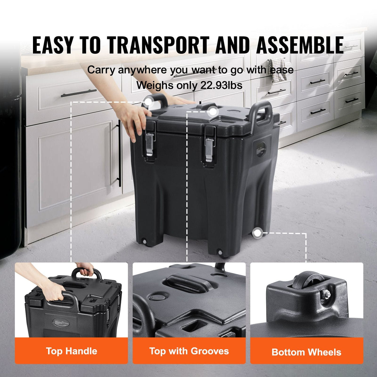 Insulated Food Carrier, 32Qt Capacity, Stackable Catering Hot Box w/Stainless Steel Barrel, Top Load LLDPE Food Warmer w/Integral Handles Buckles Stationary , for Restaurant Canteen, Black