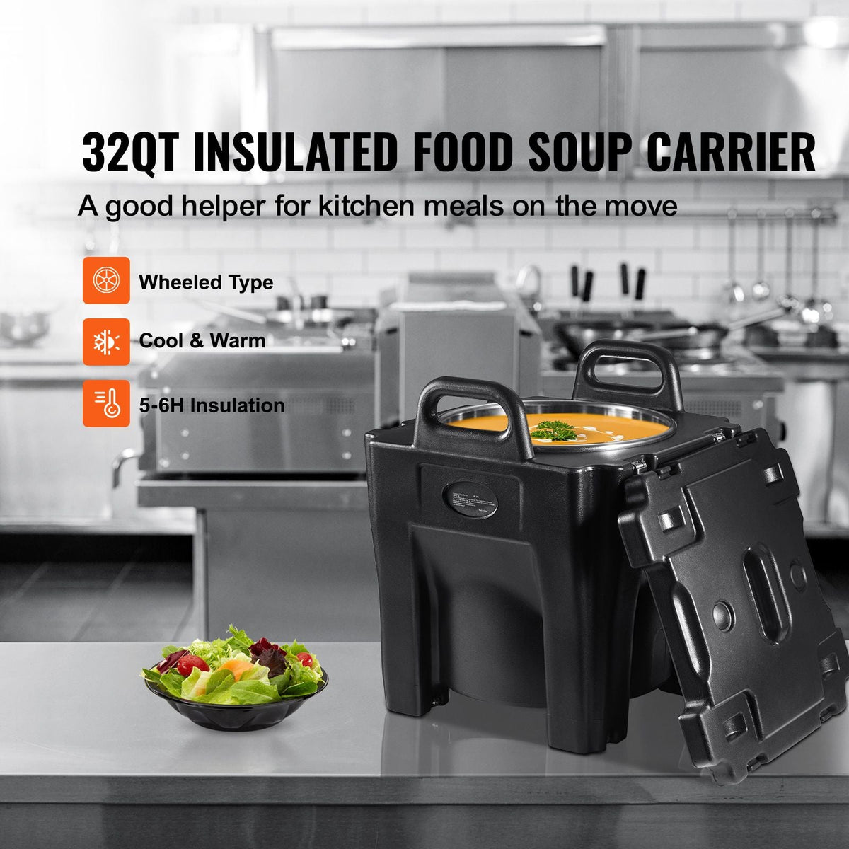 Insulated Food Carrier, 32Qt Capacity, Stackable Catering Hot Box w/Stainless Steel Barrel, Top Load LLDPE Food Warmer w/Integral Handles Buckles Stationary , for Restaurant Canteen, Black