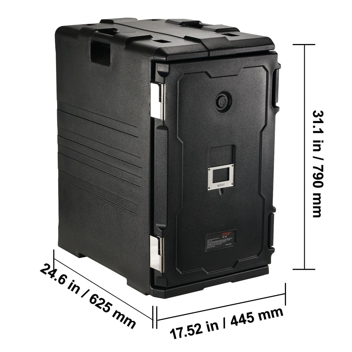 Insulated Food Pan Carrier, 109 Qt Hot Box for Catering, LLDPE Food Box Carrier w/Double Buckles, Front Loading Food Warmer w/Handles, End Loader w/Wheels for Restaurant, Canteen, etc. Black