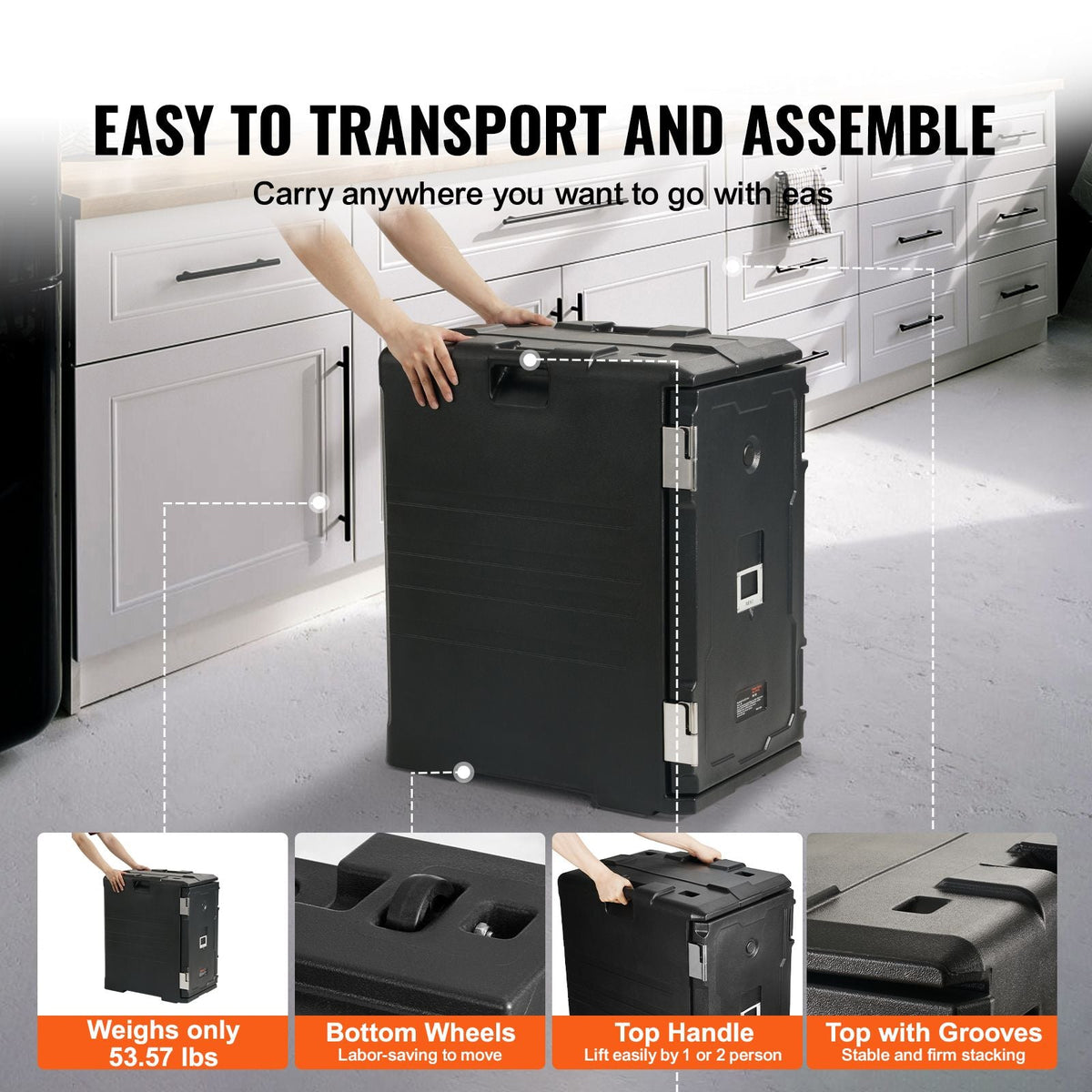 Insulated Food Pan Carrier, 109 Qt Hot Box for Catering, LLDPE Food Box Carrier w/Double Buckles, Front Loading Food Warmer w/Handles, End Loader w/Wheels for Restaurant, Canteen, etc. Black