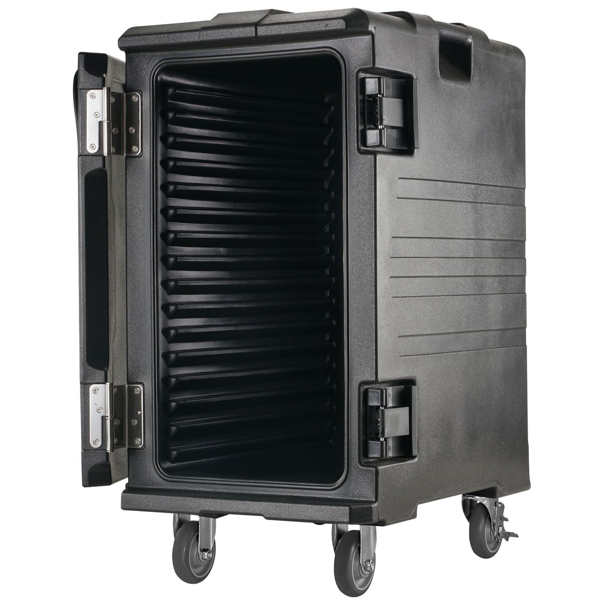 Insulated Food Pan Carrier, 109 Qt Hot Box for Catering, LLDPE Food Box Carrier w/Double Buckles, Front Loading Food Warmer w/Handles, End Loader w/Wheels for Restaurant, Canteen, etc. Black