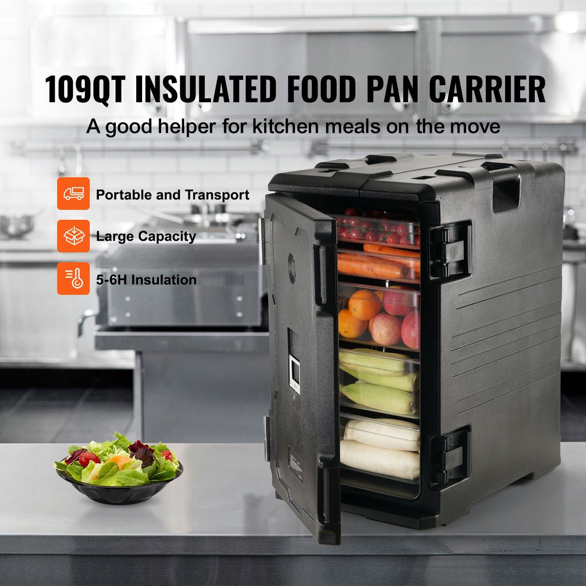 Insulated Food Pan Carrier, 109 Qt Hot Box for Catering, LLDPE Food Box Carrier w/Double Buckles, Front Loading Food Warmer w/Handles, End Loader w/Wheels for Restaurant, Canteen, etc. Black